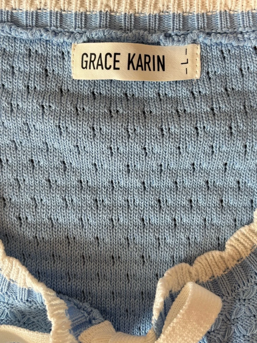 Grace Karin Womens Crochet Knit Cardigan Tie Front Bows Scalloped Trim Blue L